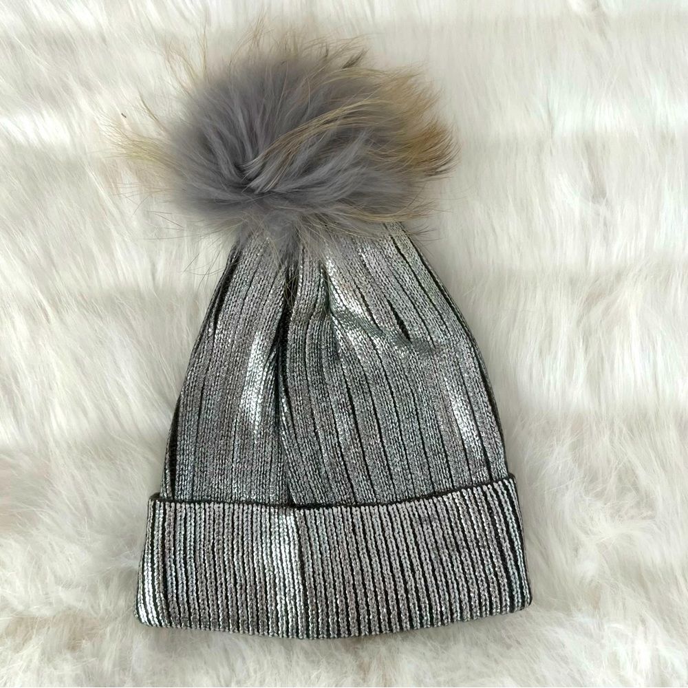 Bari Lynn Silver Metallic Beanie with Fur PomPom